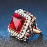 Antique Gold Plated Luxurious Big Red Crystal Geometric Fashion Jewelry Ring Size 7