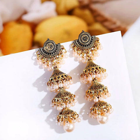 Indian Ethnic Style Jewelry Pearl Bead Golden Carved Bells Tassel Long Jhumki Traditional Earrings