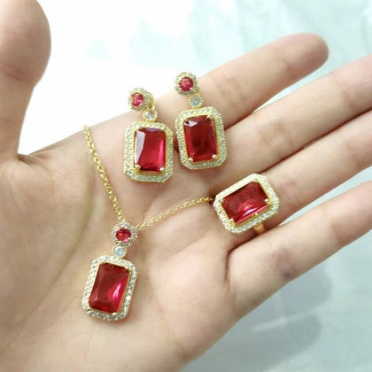 3 piece Luxury Fashion Square Ruby Red Zircon Crystal Necklace Earrings Ring Exquisite Wedding Jewelry Set