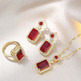 3 piece Luxury Fashion Square Ruby Red Zircon Crystal Necklace Earrings Ring Exquisite Wedding Jewelry Set
