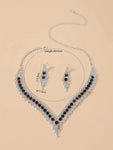 Luxury Elegant Black Crystal V Shape Choker Necklace Earrings Bridal Jewelry Set For Women