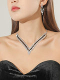 Luxury Elegant Black Crystal V Shape Choker Necklace Earrings Bridal Jewelry Set For Women