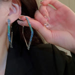 Multi Shade Blue Crystal Geometric Square Super Glam Shiny Hoop Earrings For Women