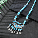 Blue Turquoise Long Bead Chain Tassel Pendant Necklace Elegant Statement Fashion Jewelry Necklace