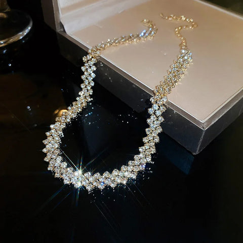 Elegant Shiny Golden Crystal Clavicle Collar Chain Necklace Girls Party Fashion Accessory Prom Jewelry