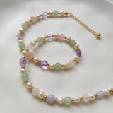 Delicate Pearl Amethyst Pink Golden Beads Dainty Single line Choker Necklace For Women