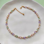 Delicate Pearl Amethyst Pink Golden Beads Dainty Single line Choker Necklace For Women