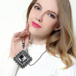 Antique Silver Gray Zircon Square Pendant Necklace Women Long Chain Fashion Accessory
