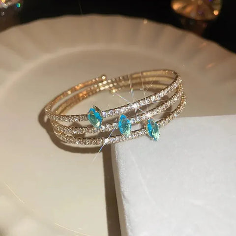 Sparkling Multi Layer Golden Blue Crystal Bracelet Bangle Luxury Women Party wear Fashion Jewelry Accessories