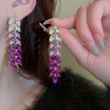 Dazzling Purple Crystal Leaf Tassel Long Fashion Earrings Luxury Party wear Women Jewelry