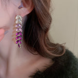 Dazzling Purple Crystal Leaf Tassel Long Fashion Earrings Luxury Party wear Women Jewelry