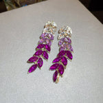 Dazzling Purple Crystal Leaf Tassel Long Fashion Earrings Luxury Party wear Women Jewelry