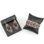 Ethnic Style Red Green Crystal Long Dangle Earrings with Bangle Bracelet Fashion Jewelry Set
