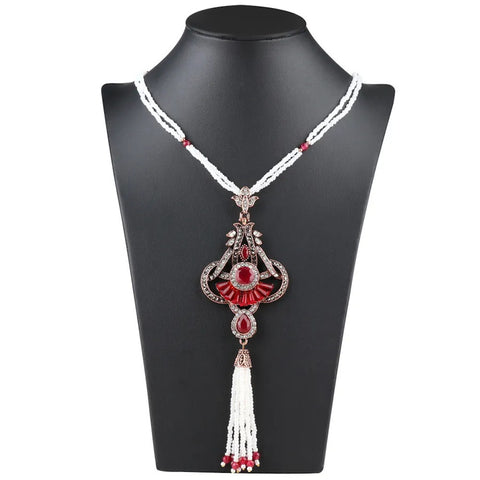 Ethnic Fashion Dark Red Stone Long Tassel Bead Multi Strand Necklace Traditional Jewelry For Women