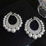 Exaggerated Shiny In Laid Silver Crystal Big Pearl Hoop Statement Fashion Earrings