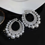 Exaggerated Shiny In Laid Silver Crystal Big Pearl Hoop Statement Fashion Earrings