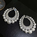 Exaggerated Shiny In Laid Silver Crystal Big Pearl Hoop Statement Fashion Earrings