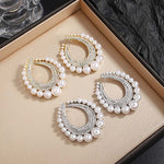 Exaggerated Shiny In Laid Silver Crystal Big Pearl Hoop Statement Fashion Earrings
