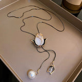 Champagne Color Long Sweater Chain Necklace Opal Flower Pendant Women Fashion Accessory