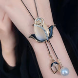 Champagne Color Long Sweater Chain Necklace Opal Flower Pendant Women Fashion Accessory