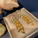 Luxury Design Yellow Crystal Leaf Drop Dangle Tassel Earrings for Women Party Wedding Jewelry