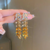 Luxury Design Yellow Crystal Leaf Drop Dangle Tassel Earrings for Women Party Wedding Jewelry