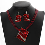 Red Multilayer Leather Chain Pendant Necklaces with Drop Dangle Earrings Fashion Jewelry Set - EonShoppee