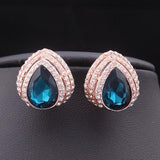 Lovely Sea Blue Rose Gold Plated Rhinestone Crystal Big Fashion Jewelry Stud Earrings - EonShoppee