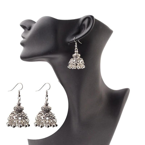 Antique Style Ethnic Indian Sliver Hollow Flower Jhumki Drop Dangle Earrings Fashion Jewelry - EonShoppee
