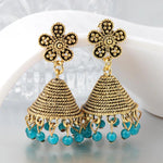 Stunning Antique Golden Blue Bell Drop Dangle Indian Jhumki Style Fashion Jewelry Earrings - EonShoppee