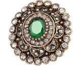 Classic Indian Antique Style Big Round Crystal Golden Green Flower RING For Women - Size 7 - EonShoppee