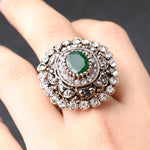 Classic Indian Antique Style Big Round Crystal Golden Green Flower RING For Women - Size 7 - EonShoppee