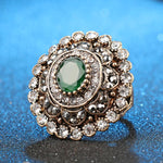 Classic Indian Antique Style Big Round Crystal Golden Green Flower RING For Women - Size 7 - EonShoppee