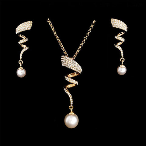 Jazzy Gold Plated Inlaid with Rhinestones & Imitation Pearl Pendant Necklace Earrings - Trendy Fashion Jewelry Set - EonShoppee