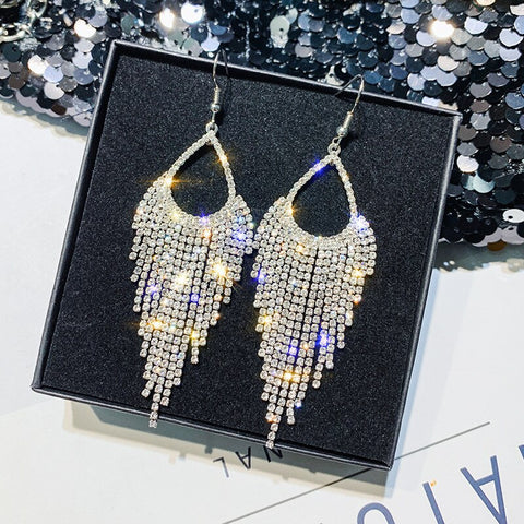 Stylish Long Studded Silver Tassel Drop Dangle Statement Fashion Jewelry Earrings - EonShoppee
