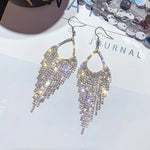 Stylish Long Studded Silver Tassel Drop Dangle Statement Fashion Jewelry Earrings - EonShoppee
