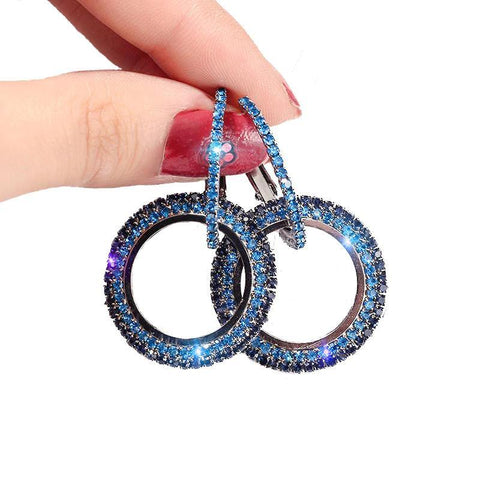 Pretty Double Round Circle Drop Dangle Full Blue Rhinestone Crystal Geometric Party wear Fashion Jewelry Earrings - EonShoppee