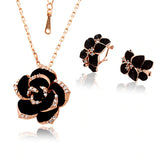 Stunning Golden Black Enamel Rose Pendant Bridal Fashion Jewelry Set - EonShoppee