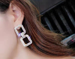 Luxurious Shiny Gold Rhinestone Crystal Double Square Loop Wedding Party Fashion Jewelry Statement Earrings For Women - EonShoppee