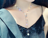 Charming Long Chain Crystal Studded Peal Pendant Chain Necklace Fashion Statement Jewelry - EonShoppee