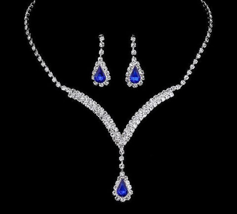 Elegant Royal Blue Teardrop Choker Necklace & Earrings Wedding Evening Wear Fashion Jewelry Set - EonShoppee