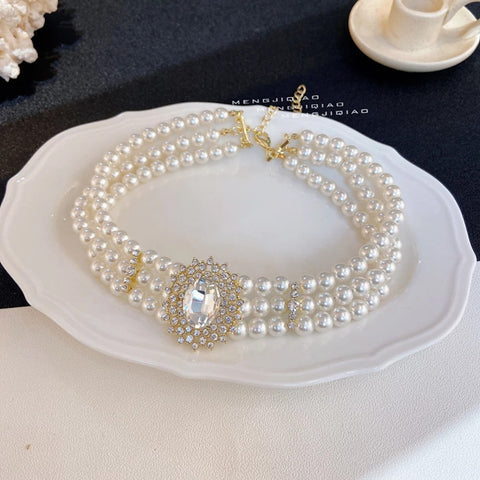 Trendy Ethnic Style Multilayer Pearl Choker Big Crystal Pendant Collar Necklace Traditional Jewelry