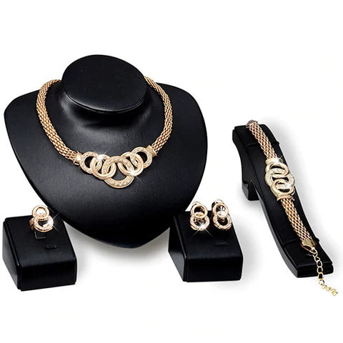 Designer Golden Crystal Choker 5 pc Necklace Earrings Bracelet & Ring African Wedding Jewelry Set
