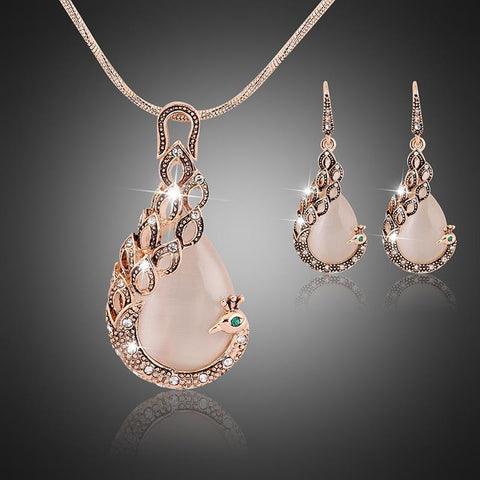 Bful Rose Gold Plated Peacock CZ White Opal Crystal Wedding Fashion Pendant Jewelry Set - EonShoppee