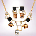 Trendy Champagne Black Geometric Pendant Necklace Earrings Fashion Jewelry Set - EonShoppee