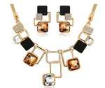 Trendy Champagne Black Geometric Pendant Necklace Earrings Fashion Jewelry Set - EonShoppee