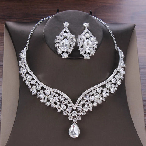 Magnificent Crystal Beads Necklace & Earrings Luxurious Silver Wedding Bridal Jewelry Set