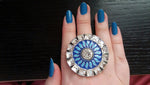 Exaggerated Blue Silver Sun Shape Adjustable Finger Ring For Women Ethic Indian Jewelry
