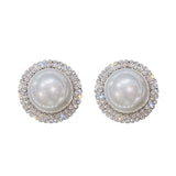 Exquisite Big Round Pearl Over Sized Silver Stud Earrings Crystal Statement Stud Earrings