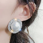 Exquisite Big Round Pearl Over Sized Silver Stud Earrings Crystal Statement Stud Earrings